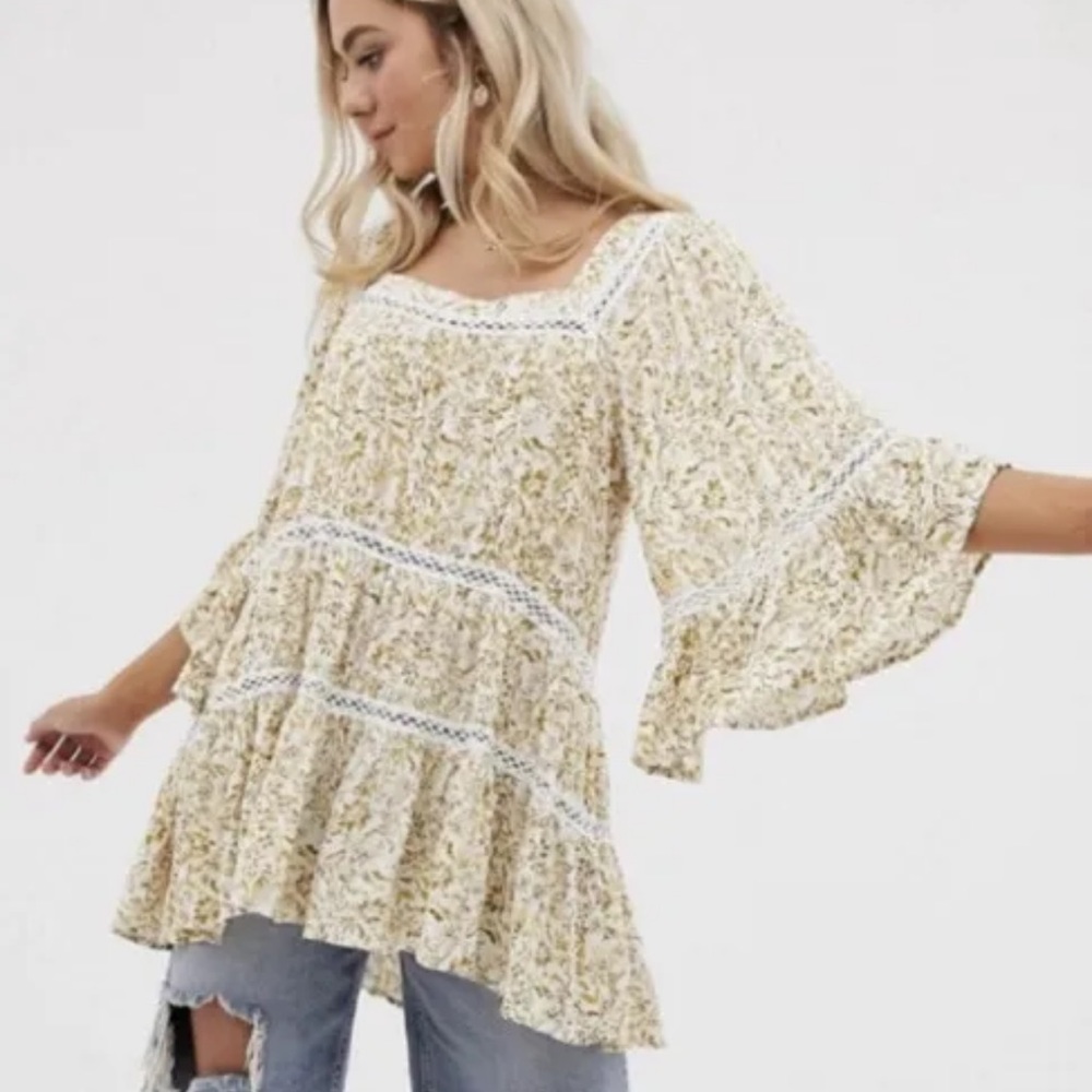 Free People Talk About It Tunic Floral Crochet Bell Sleeve Size Medium